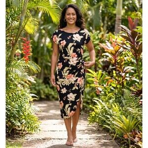 Vtg Iolani Black Floral Hawaiian Midi Faux Wrap Dress L Rayon Made in Hawaii